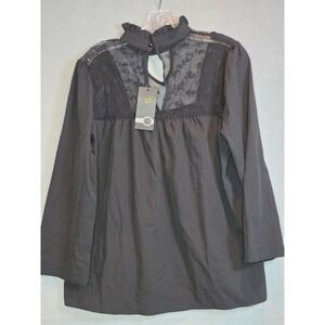Style Dome Black Lace Mesh High Neck Ruffle Blouse Victorian Long Sleeve Top